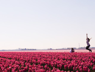 person jumping in tulip field