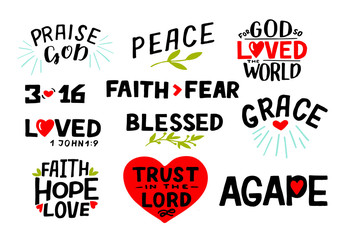 Logo set with Bible verse Faith, Hope, Love, Trust in the Lord, Praise God, 3 16, Blessed, Agape, Grace, Faith fear. Christian symbol - obrazy, fototapety, plakaty