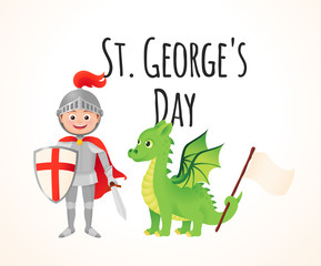 Obraz na płótnie Canvas St. George's Day card, Sant Jordi vector illustration with dragon and knight.