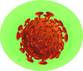 illustration of isolated orange microscopic element of coronavirus - SARS-CoV-2 bacteria on green background
