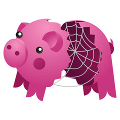 Empty broken ceramic pig bank with spider web. Vector Illustration