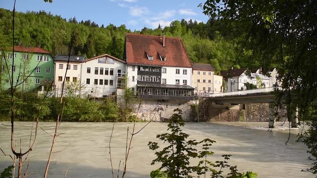 Old mock tudor style houses at river lech in Fussen, Bavaria, Germany