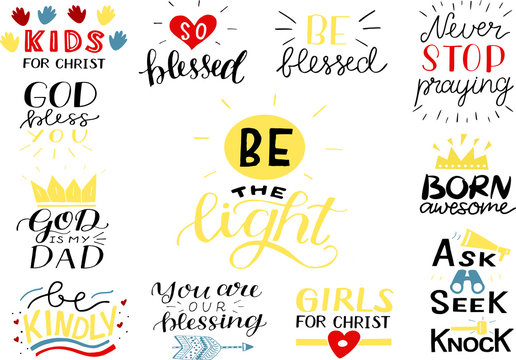 Hand lettering set with Bible verse and christian quotes So blessed, never stop praying, be the light, God bless you