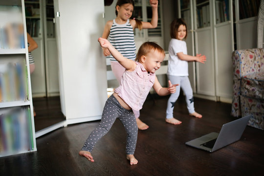 Three Children Dancing In Video Chat Online