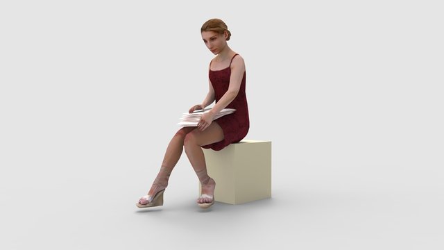 3D rendering of a woman sitting in a dress holding papers docuements