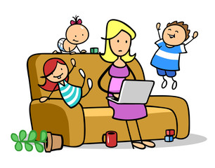 Alleinerziehende Mutter im Home Office mit lauten Kindern