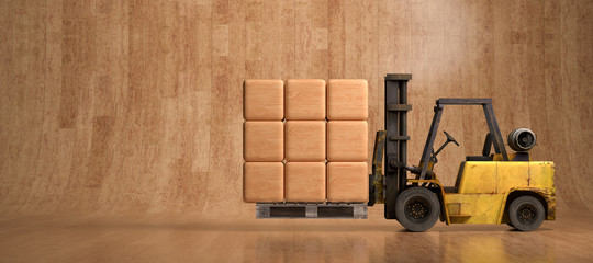 forklift moving wooden boxes in front of wooden background