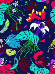 Fototapeta na wymiar Wild Tropics Floral Seamless Pattern