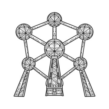 Atomium monument landmark building in Brussels sketch engraving vector illustration. T-shirt apparel print design. Scratch board imitation. Black and white hand drawn image.