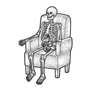 human skeleton is sitting in armchair sketch engraving vector illustration. T-shirt apparel print design. Scratch board imitation. Black and white hand drawn image.