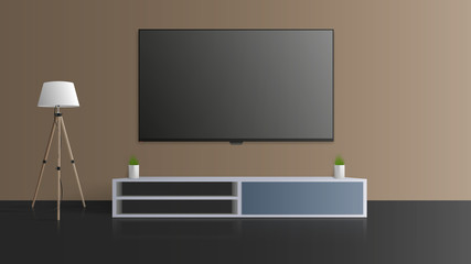 TV on a gray wall. Turn off the TV, a long loft bedside table. Vector illustration.