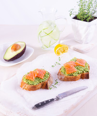 Two crispy toasts with avocado and salted salmon