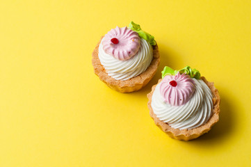 Two cakes on a yellow background. Holiday concept, weight control and healthy eating.