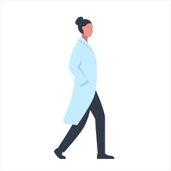 Vector illustration of a character of a young female doctor walikng in a medical gown. It represents a concept of doctors work, medical protection and health safety