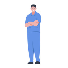 Vector illustration of a character of a smiling male nurse standing in a medical gown with his arms crossed. It represents a concept of nurse work, medical protection and health safety