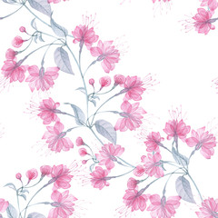 Seamless pattern transparent rose flowers and Apple blossoms on a white background, pink roses, x-ray flowers, pink Sakura flowers, lilac and blue stems and leaves, floral pattern for printing .