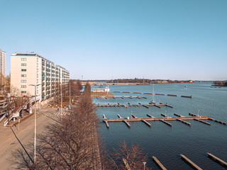 Picturesque seascape with with marinas. Hakaniemi. Helsinki