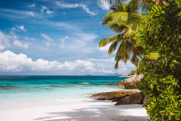 An empty exotic tropical sandy beach on Mahe Island,Seychelles islands. Famous vacation destination in summer season