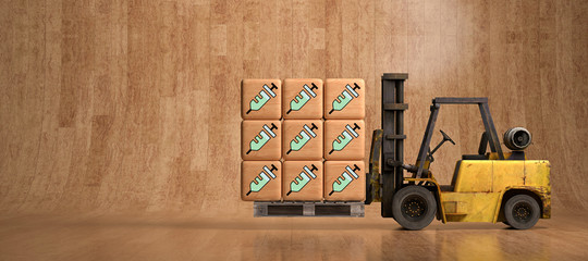 forklift with wooden boxes and vaccination icons in front of wooden background