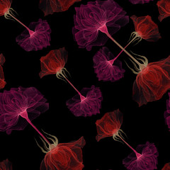 Seamless transparent rose flowers and Apple blossoms on a black background, x-ray flowers, blue Sakura flowers, chalk on Board, stems and leaves, flower ornament