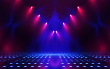 Obraz premium Empty dark abstract background. Background of empty show scene. Glow of neon lights and neon figures on an empty concert stage. Reflection of light on the pavement.