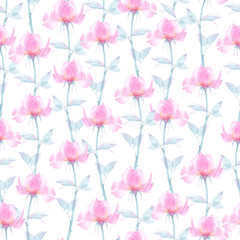 Seamless pattern transparent rose flowers and Apple blossoms on a white background, pink roses, x-ray flowers, pink Sakura flowers, lilac and blue stems and leaves, floral pattern for printing 