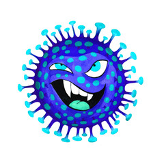 A microscopic view of a virus molecule with an expression of anger and fear. China respiratory syndrome pathogen 2019-ncov, hand-drawn watercolor illustration. Dangerous Asian crown virus ncov.