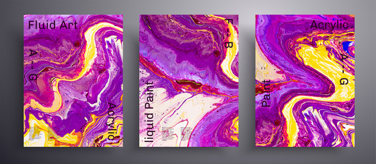 Abstract liquid placard, fluid art vector texture pack. Trendy background that applicable for design cover, invitation, flyer and etc. Yellow, purple, blue and white creative iridescent artwork
