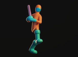 3d render of a character with a bat in a medical mask in boots and gloves, the fight against viruses on a black background