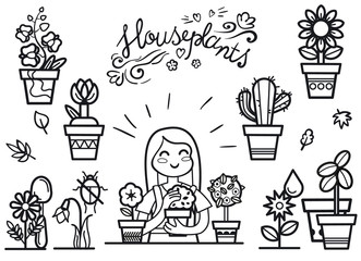 Set of pictures "Houseplants". Vector illustration kawaii cute style.