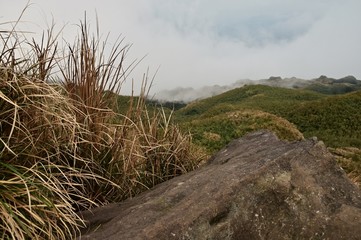 Misty foggy mountain landscape with rocks in front of the grass.