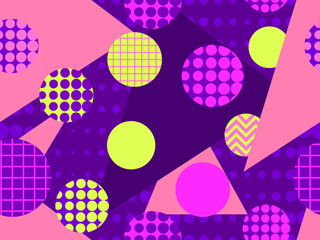 Memphis seamless pattern with geometric shapes in the style of the 80s. Eighties print colorful background for promotional products, wrapping paper and printing. Vector illustration