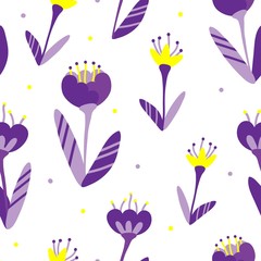 Doodle style floral pattern with violet flowers and striped leaves on a white background. Tender, spring floral background. Vector illustration on a white background. For fabric, covers, website