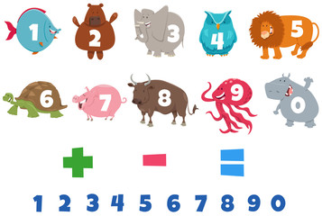 numbers set with cartoon animal characters