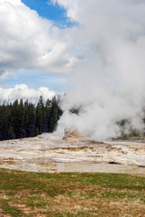 Giant Geyser with steam in the Upper Geyser Basin of Yellowstone National Park