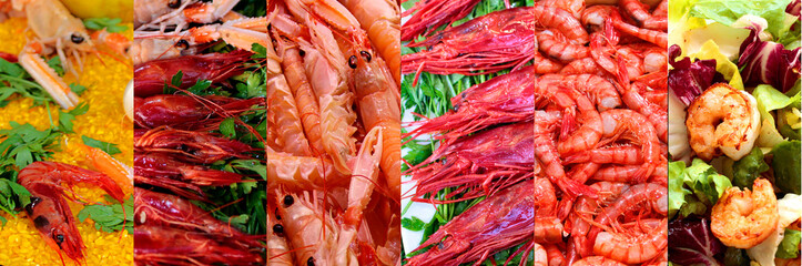 Horizontal Food background. Collage of shrimps 