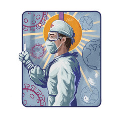 Coronavirus vaccine search, doctor in protective suit and gloves holds syringe with vaccination ready to outbreak pandemia. Covid-19 treatment, laboratory research and epidemia treatment illustration.