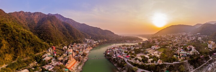 Sunset at Himalaya mountains, India, aerial drone view - obrazy, fototapety, plakaty