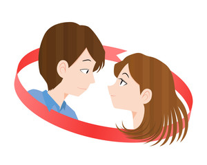 見つめ合う男女と赤いリボン