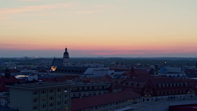 Aerial drone flight over tleipzig at sunset
