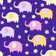 Baby seamless pattern with elephants. Colorful cute elephants with flowers on a purple background.Creative vector childish background for fabric, textile, nursery wallpaper. Scandinavian style.