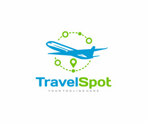 Travel vacation logo design. Airplane and destination route pin vector design. Trip around the world logotype