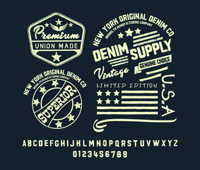Original vintage Denim print for t-shirt or apparel. Old school vector graphic for fashion and printing. 
Retro alphabet in western style , Slab Serif and serif type letters.Handmade Vintage Font 