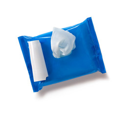 Pack of wet wipes, isolated on white background, top view.