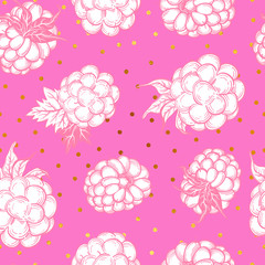 Sketch style vector eco food illustration. Hand drawn raspberry and blackberry seamless pattern on white background.