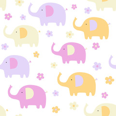 Baby seamless pattern with elephants. Colorful cute elephants with flowers on a purple background.Creative vector childish background for fabric, textile, nursery wallpaper. Scandinavian style.