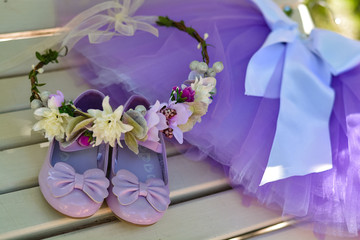 event and weddings accessories for girl purple colors shoes skirt and wreath of flowers