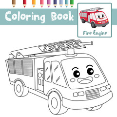 Coloring page Fire Engine cartoon character perspective view vector illustration