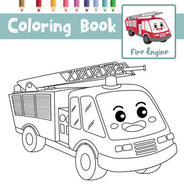 Coloring Page Fire Engine Cartoon Character Perspective View Vector Illustration