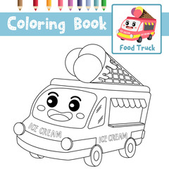 Coloring page Food Truck cartoon character perspective view vector illustration
